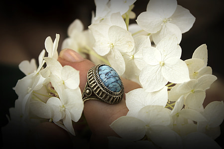 silver-colored blue cabochon ring near flowers thumbnail