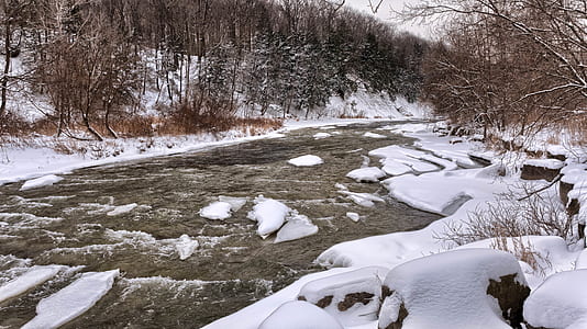 River Beside White Snow during Daytime thumbnail