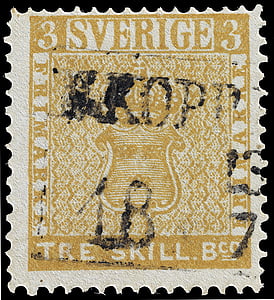closeup of Sverige Tre Skill postage stamp thumbnail