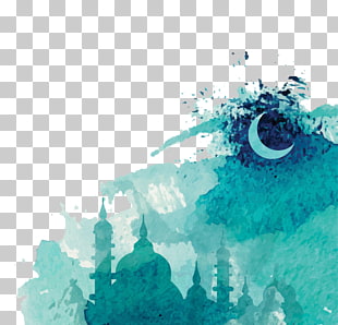 Ramadan Watercolor painting Drawing Islam, Ramadan, teal and white painting PNG clipart