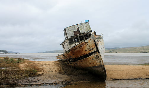 white and grey fishing boat on shore thumbnail
