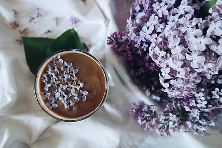 purple lilac bouquet on white textile thumbnail