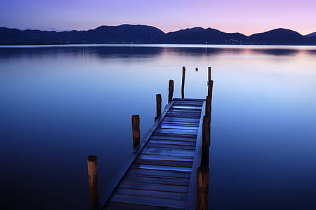 brown wooden board dock during dawn thumbnail