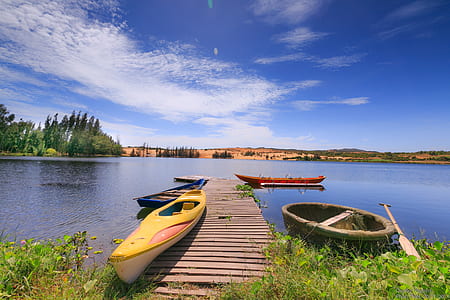 three assorted-color boat on water near grass thumbnail