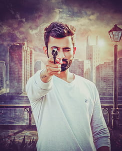 man pointing pistol beside wall with building and railings painting thumbnail
