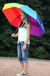 person using multicolored umbrella thumbnail