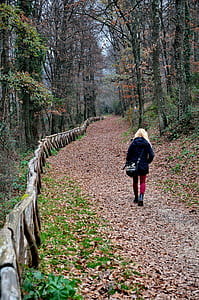 woman walking on pathway surrounded by trees thumbnail