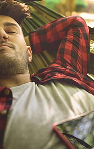 man wearing red and black plaid dress shrit thumbnail