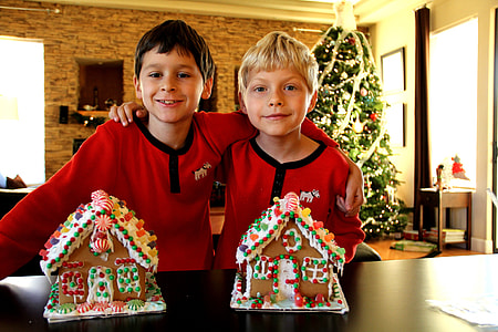 two boys in red-and-black shirts stands in front of cookie house cakes thumbnail