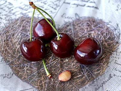 four red cherries on heart brown textile thumbnail