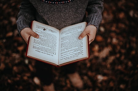 person in gray sweater holding book on both hands thumbnail