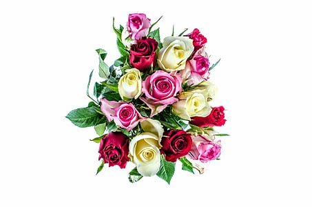 pink, white, and red rose bouquet with green leaf decoration thumbnail