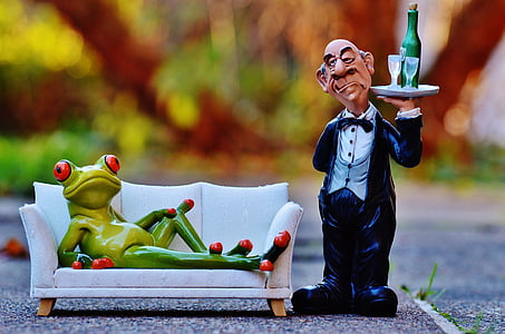 selective focus photography of tree frog sitting on sofa served champagne by waiter figurines thumbnail