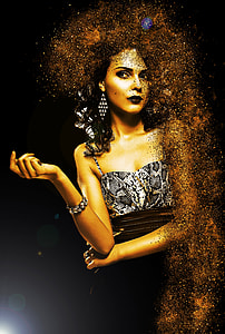 women's wearing grey and black tank dress with brown glitters photo thumbnail
