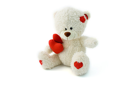 white and red bear plush toy with heart in front of white background thumbnail