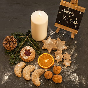 flat lay photography of baked pastries placed near pillar candle thumbnail