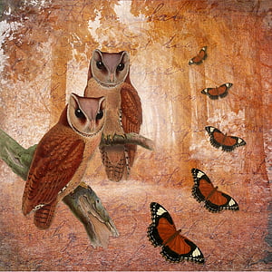 two owls and and five butterflies paintings thumbnail