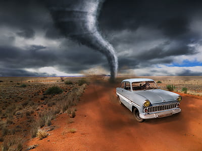 gray vehicle near tornado wallpaper thumbnail