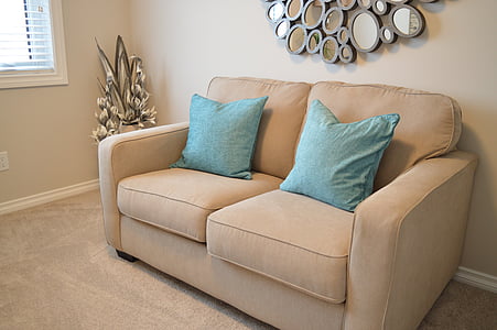 brown fabric 2-seat sofa near window thumbnail
