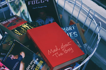 stack of books on gray rack thumbnail