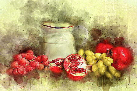 still life painting of fruits and jars filled with milk thumbnail