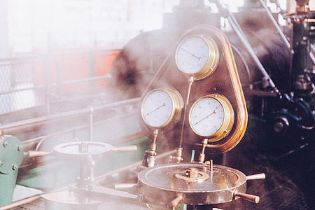 three round brass-colored gauge meter machine thumbnail