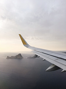 bird's eye view of airplane wing flying over body of water thumbnail