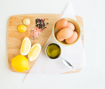 ingredients for homemade mayo, eggs, salt, pepper, mustard, lemon, olive oil thumbnail