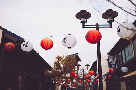 six white and red paper lanterns hanged on string thumbnail