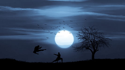 Silhouetted figures fighting in martial arts and kung fu against a large moon. thumbnail
