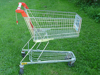 white metal grocery cart on grass thumbnail