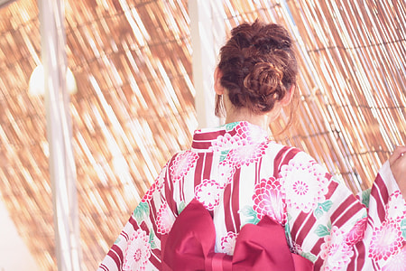 back view of woman in white, red, and green floral kimono thumbnail