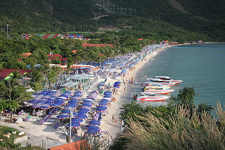 aerial view of patio umbrellas on seashore during daytime thumbnail