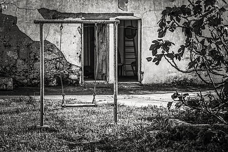 grayscale photo of swing outdoor thumbnail