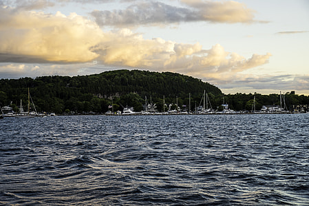 Dusk Clouds over docks of Fish Creek, Wisconsin thumbnail