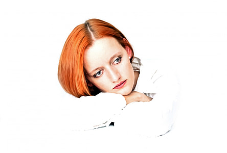 orange haired woman wearing white long sleeve tops thumbnail