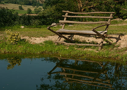 brown bench facing calm body of water thumbnail