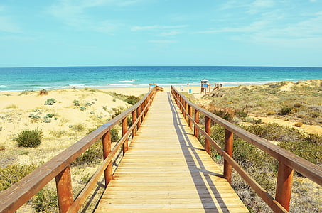 wooden dock on white sand beach thumbnail