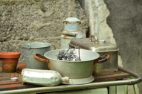 white and gray metal basin lot on gray metal table thumbnail