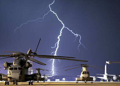 black helicopters near body of water during lightning thumbnail