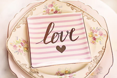 square white and pink striped Love printed ceramic plate thumbnail
