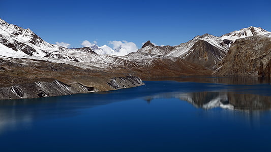 snow-covered mountain range near calm body of water thumbnail
