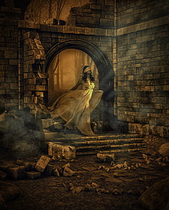 woman in white halter gown entering arched bricked structure thumbnail