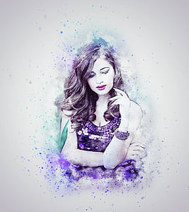 brown haired woman wearing purple sequinned sleeveless dress painting thumbnail
