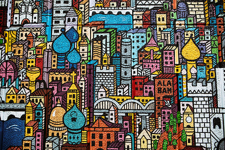 Street art depicting city buildings thumbnail