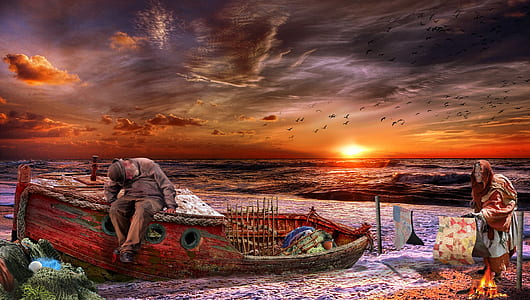 man sitting on boat on beach during sunset thumbnail