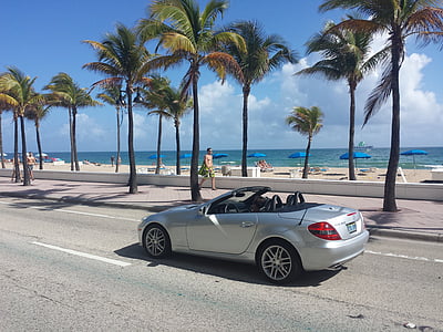 silver convertible on street near seashore with tall trees and sun loungers thumbnail