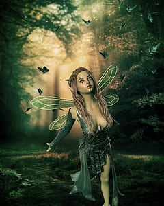 fairy character standing surrounding trees illustration thumbnail
