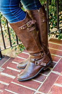 person wearing pair of brown leather round-toe stockman heeled knee-high boots thumbnail