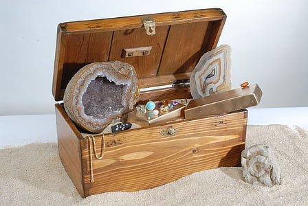 brown and gray geode stone inside brown wooden chest box thumbnail